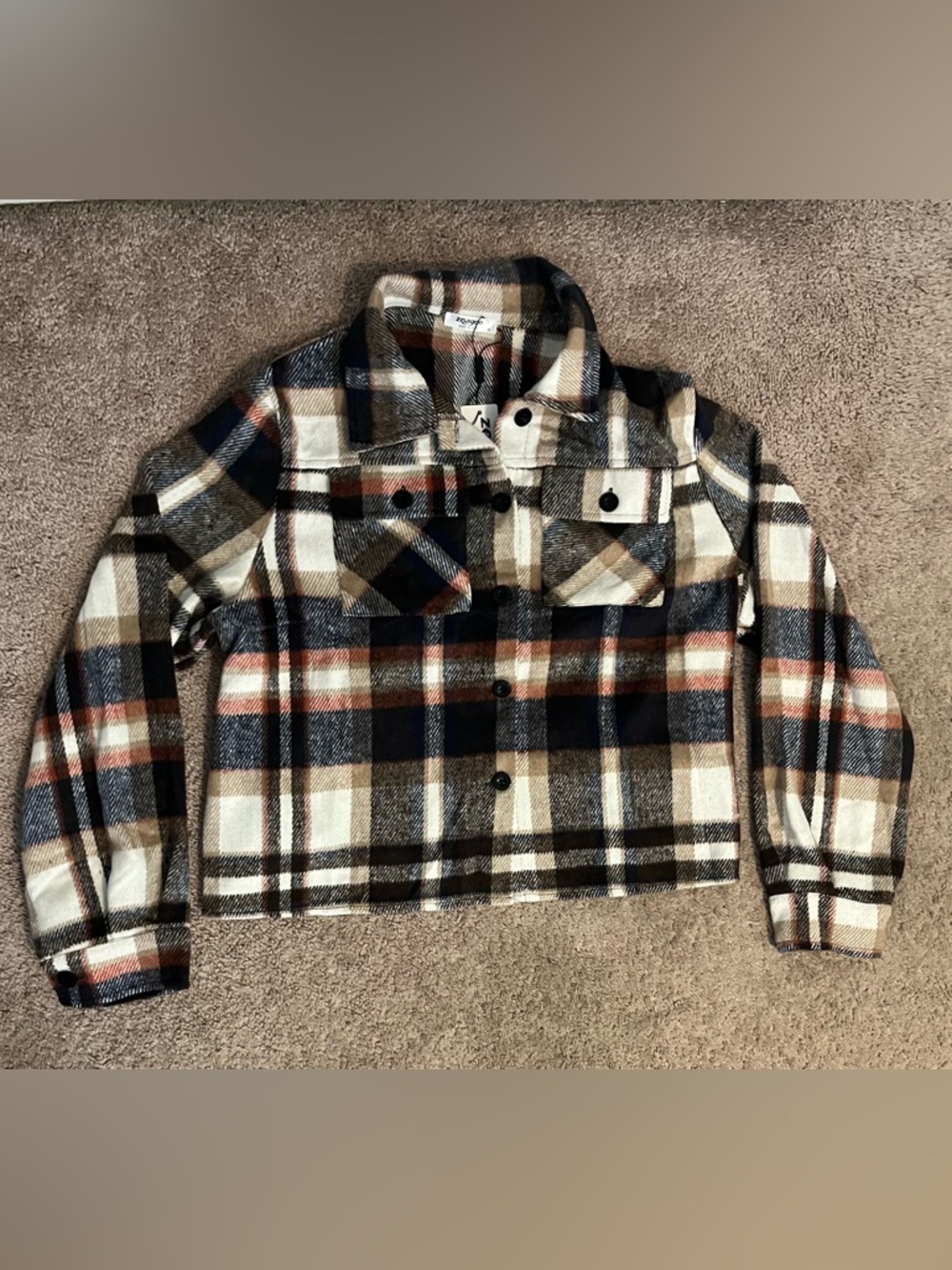 zeagoo Plaid Shacket in Cream, Brown & Navy with Rust Accents